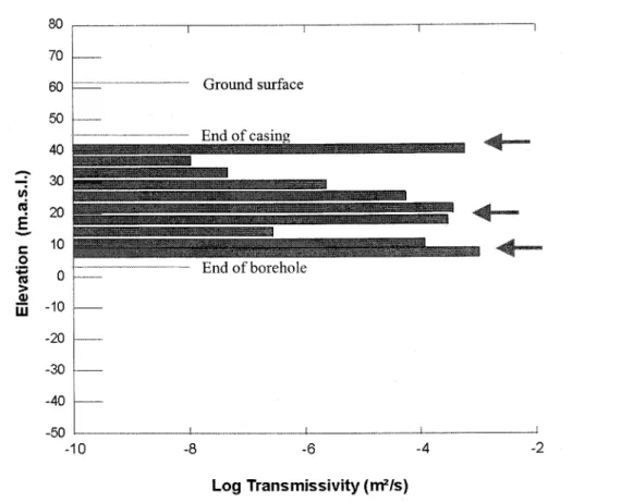 Figure 3.8 : Transmissivity profile  of the P9 well at the Ste-Anne-des-Plaines  site (from  packer test at 3.7 m intervals represented by the grey rectangles).
