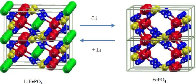 Figure 13. Représentation spatiale du cycle du lithium pendant une charge et une décharge dans  le LifePO 4  (39)