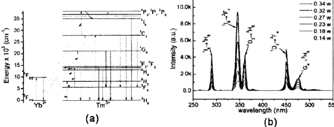 Figure  6.  (a)  Schematic  illustration  of  upconverting  process  involved  in  Tm3+  Yb3+