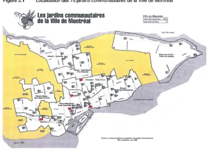Figure  2.1  Localisation des 75 jardins communautaires de la Ville de Montréal  VIII•  dp Mont&#34;•!  Totnl c1tt llfrliOt!t  B.t:p  lottl d  .