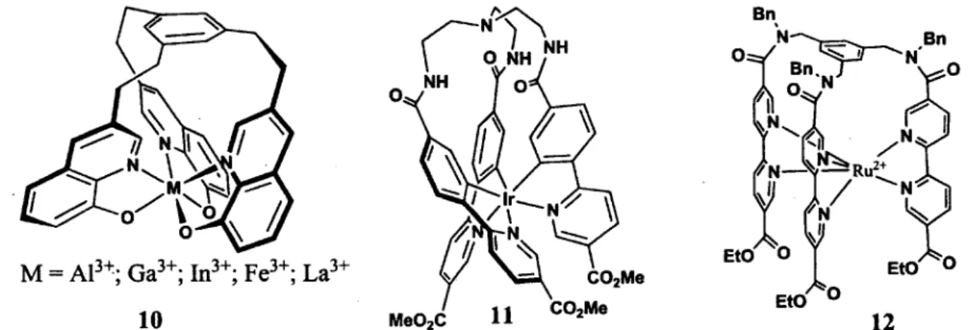 Figure 1.3. Complexes métalliques de ligands HC hydroquinoline (gauche), phénylpyridine (milieu),  bispyridine(droite)
