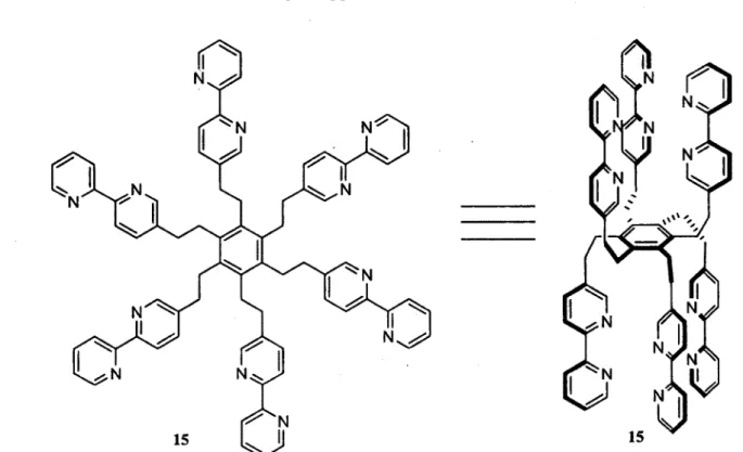 Figure 1.6. BHCB-BPy, structure 2D (gauche) et préorganisation des sites de reconnaissances (droite)