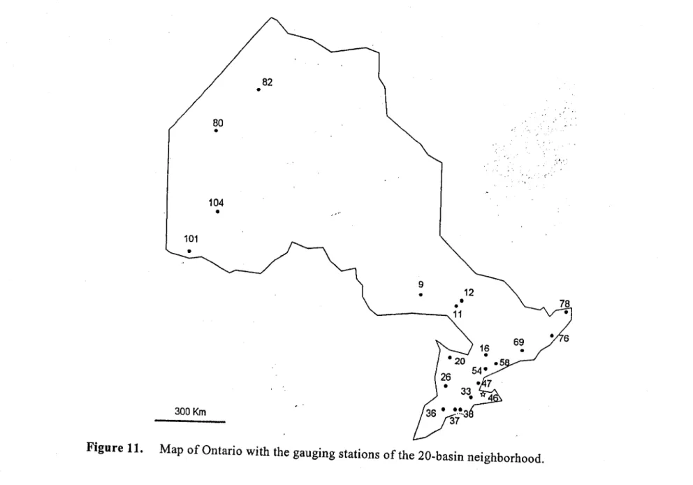 Figure  Il.  Map of Ontario with the gauging stations of the 20-basin neighborhood. 