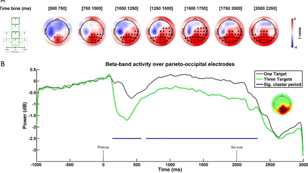 Figure 4. Main effect of Spatial anticipation on beta-band power.  A. Paired comparisons of  beta-band power across Spatial anticipation levels during the delay period for trials in which  the go-cue occurred at 2 s (see inset)