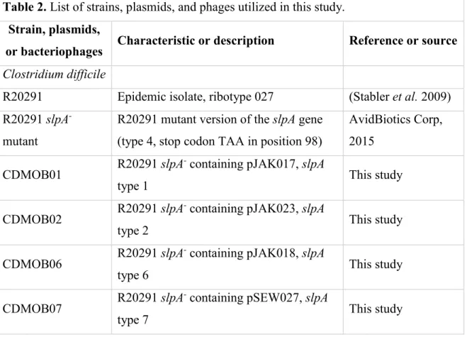 Table 2. List of strains, plasmids, and phages utilized in this study. 