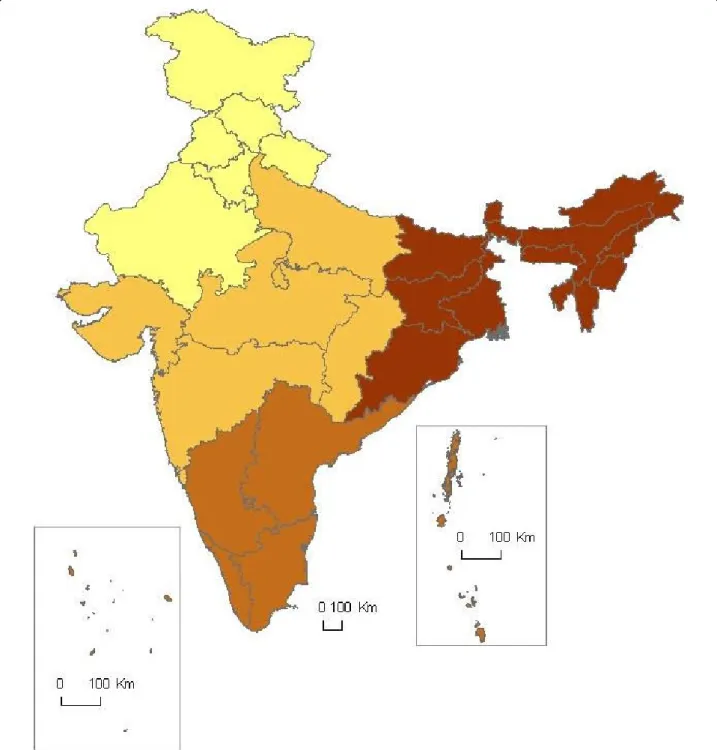 Figure 1 Map of state groupings used to generate regional analyses. Grouping of Indian states into regions of north, central, south, and northeast, for the purpose of comparing malaria indices generated in different regions to see if they agree.