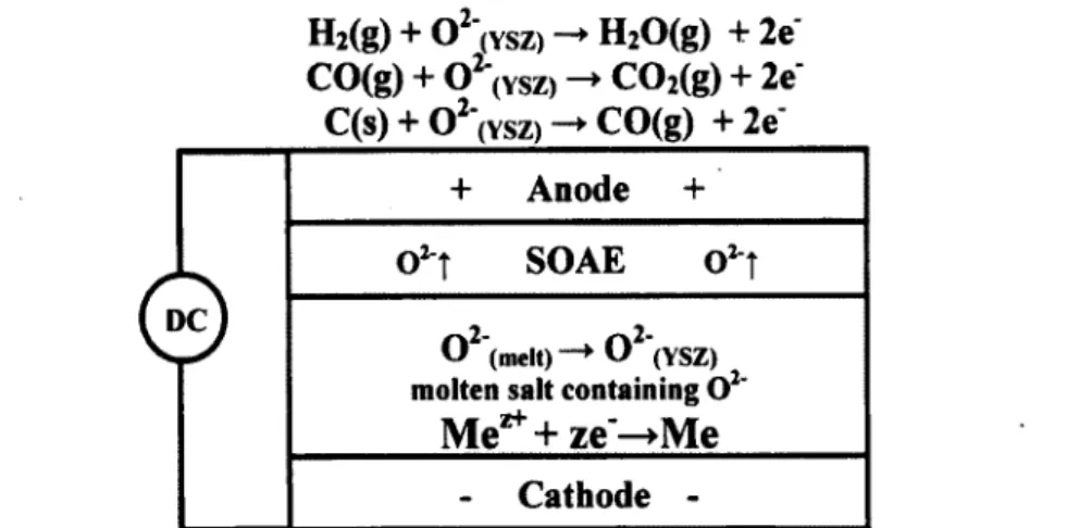 Figure 2.1  General schematic of the molten salt -  solid oxygen anion electrolyte, electrolytic  processes investigated by the University of Boston 