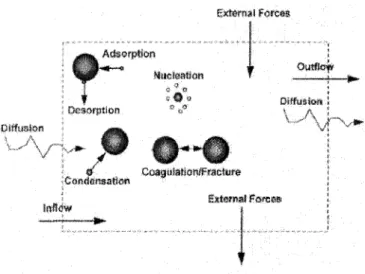 Figure 2.3: Particle processes occurring within and at  t h e boundaries of a single control  volume 