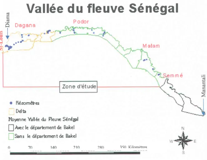 Figure 2.1 : Tenitoire d'étude  avec les barrages  de Diama en aval et Manantali en amont.