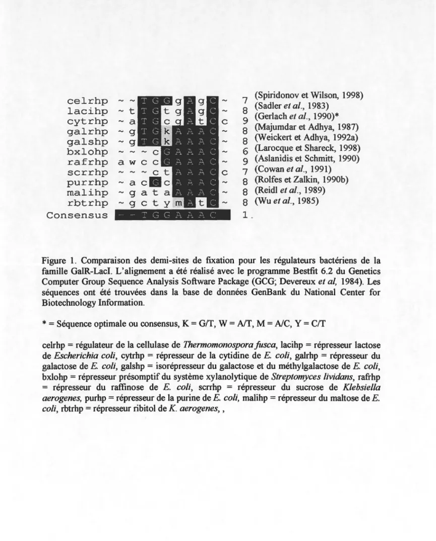 Figure  1.  Comparaison  des  demi-sites  de  fixation  pour  les  régulateurs  bactériens  de  la  famille  GalR-Lacl