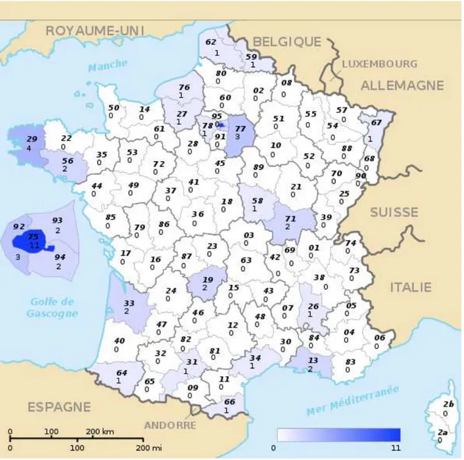 Figure  n°III.3.3.1 :  Répartition  géographique  des  praticiens  ayant  répondus  au  questionnaire 