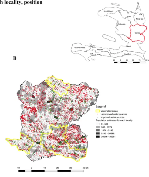 Figure 1: Map of the Centre Department, Haiti. A) outline of the 12 communes, principal urban areas, altitude raster, rivers, roads and  position of markets B) Polygon outline and estimated population for each locality, position 