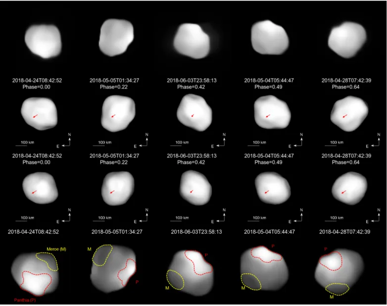 Fig. 1. First row: VLT/SPHERE/ZIMPOL images of Psyche obtained at five different epochs (ordered by rotation phase) and deconvolved with the Mistral algorithm and a parametric PSF with a Moffat shape (2)