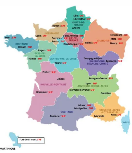 Figure 7: Cartographie des écoles de sage-femme françaises, Age médian des étudiants de l’école /  Nombre de réponses obtenues  par école
