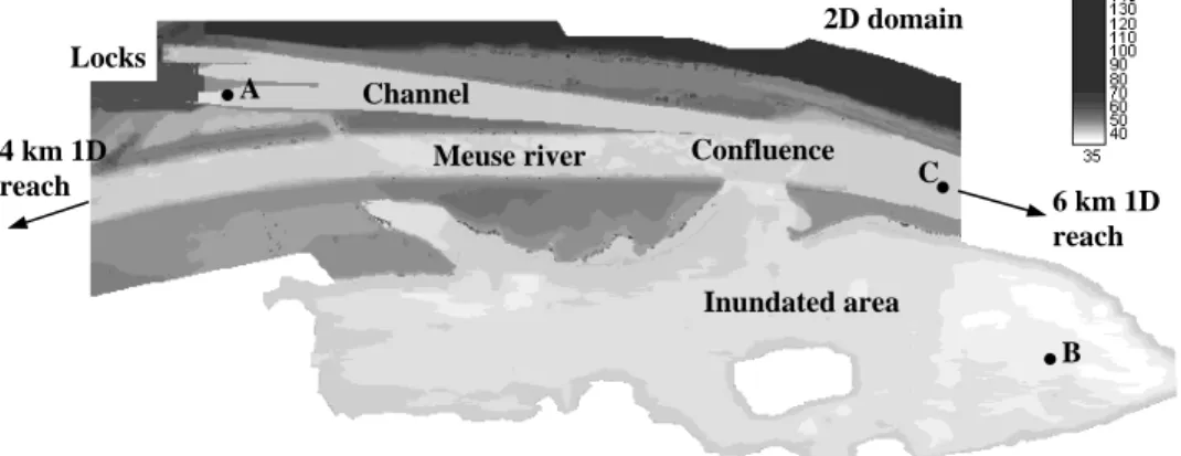 Figure 5. Sketch and 2D topography of the simulation domain to study the area  downstream of the locks 
