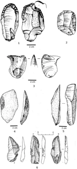 Fig. 5. Lithic tools of Pushkari Ieexcl. VII. 1: endscrapers; 2: “archaic” form tool; 3: bec shape form; 4: cortical forms; 5: blade forms; 6: Pushkarian points with lateral  re-touches and proximal truncature (Belyaeva, 2004).