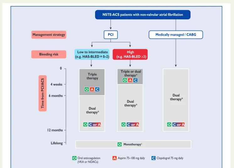 Figure 5 Antithrombotic strategies in patients with non-ST-elevation acute coronary syndromes (NSTE-ACS) and non-valvular atrial fibrillation.