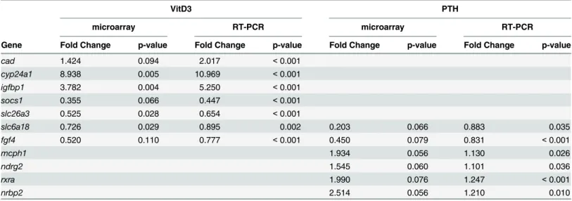 Table 1. Comparison of fold change values from the microarray dataset with those observed by RT-qPCR for VitD3 and PTH treatment.