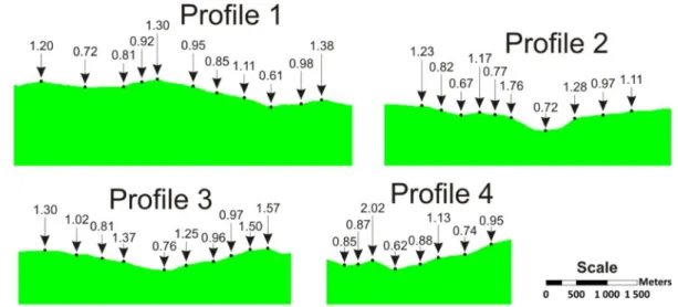 Figure 6 presents a distribution of the At values observed for the four longest profiles (profile 1, 2, 3 and 4) applying Ricker shape shear stress input signal (1.4 and 3.5 Hz)