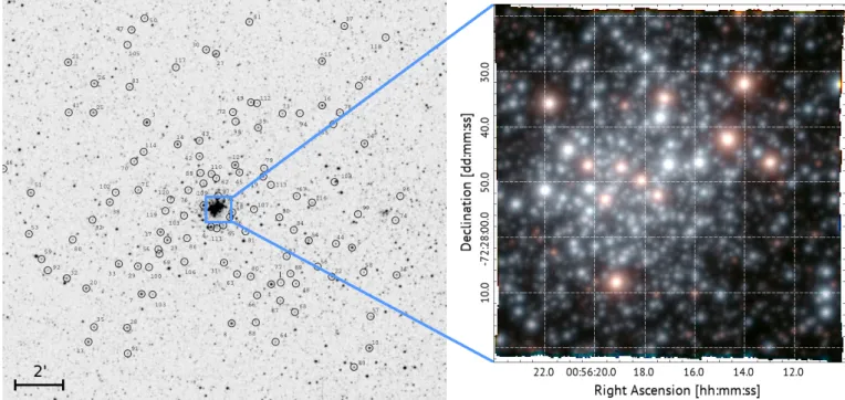 Fig. 1. Left: Finding chart from Evans et al. (2006), where stars that were studied are marked with black circles and the FoV of MUSE is indicated in blue