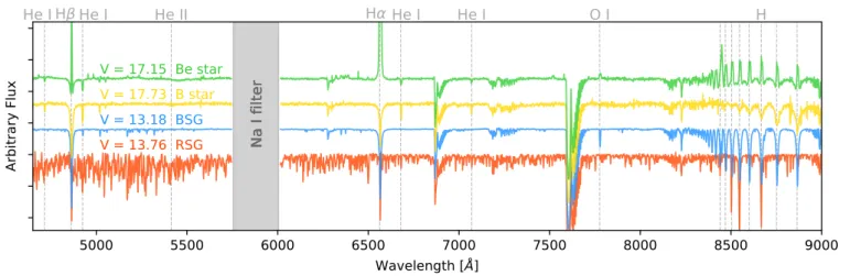 Fig. 6. Example spectra for di ff erent stars. From top to bottom: the spectrum of a Be star (green), a B star (yellow), a BSG (blue) and a RSG (red).