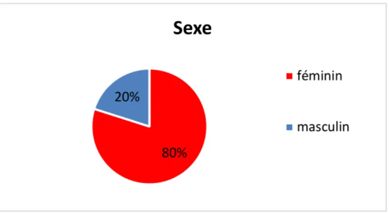 Figure 8 : Répartition du sexe en secteur22%26%14%20%18%Age  20-2930-3940-4950-59 plus 60 ans80%20%Sexefémininmasculin