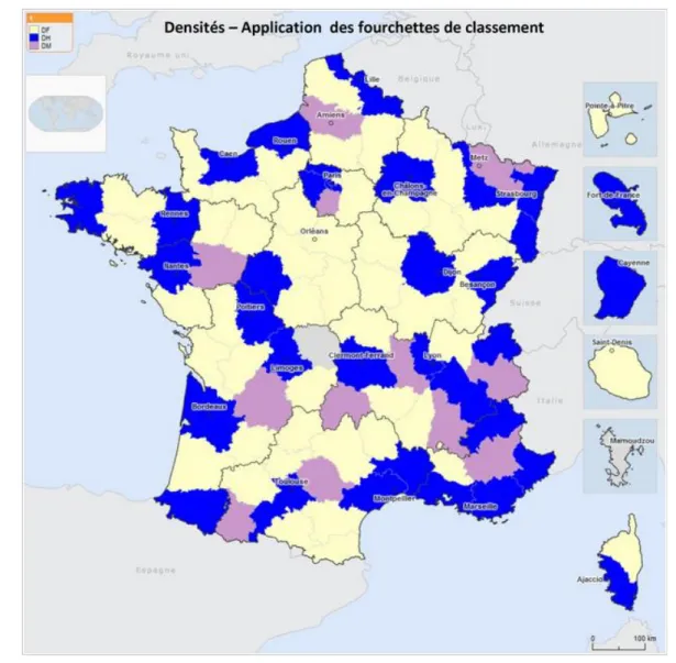 Figure 1. Répartition des densités de dermatologues sur le territoire français (1). 