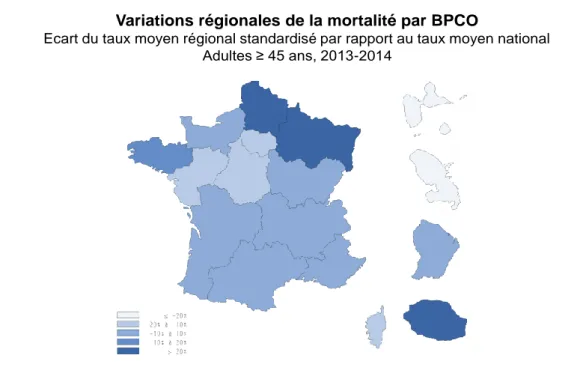 Figure  9 :  variation  du  taux  standardisé  d’hospitalisation  pour  exacerbation  de  BPCO  en  2015 
