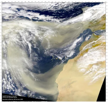 Figure  10:  Photo  de  la  côte  nord-ouest  de  l’Afrique  visualisant  une  tempête  de  sable  du  Sahara  prise  (à  705  km  d’altitude) par le satellite SeaWiFS (NASA) le 28/02/2000 
