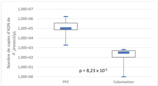Figure 10 : Comparaison de la charge fongique des échantillons non-LBA  (AB post-LBA exclues)   entre le groupe PPC prouvée et le groupe colonisation 