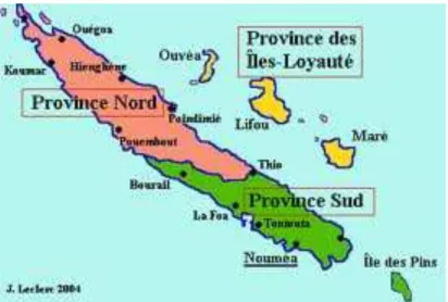 Figure  3.  Limites  des  3  Provinces  de  Nouvelle-Calédonie :  province  Sud,  province  Nord  et  province des îles Loyauté