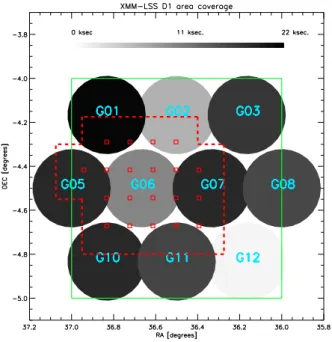 Figure 1. The XMM pointing mosaic over the D1 area (green square). The radius of the displayed pointings is 11 arcminutes