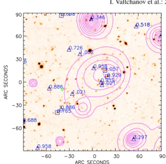 Fig. 8. XLSSC 005. Only the central 3  × 3  region of the field is shown and the redshifts for the spectroscopically observed objects at z &gt; 0.2 are indicated