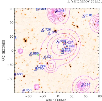 Fig. 8. XLSSC 005. Only the central 3  × 3  region of the field is shown and the redshifts for the spectroscopically observed objects at z > 0.2 are indicated