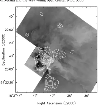 Fig. 9. EPIC X-ray contours superimposed on a HST WFPC2 H  image of the HG region in the Lagoon Nebula