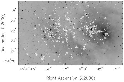 Fig. 2. EPIC X-ray contours (corresponding to the combined MOS1 + MOS2 + pn data in the 0.5 – 1.2 keV range) superimposed on a DSS optical image of the Lagoon Nebula