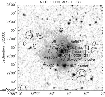 Fig. 13. Close-up on the LH 13 cluster embedded in the N11C nebula (same contours as in Fig