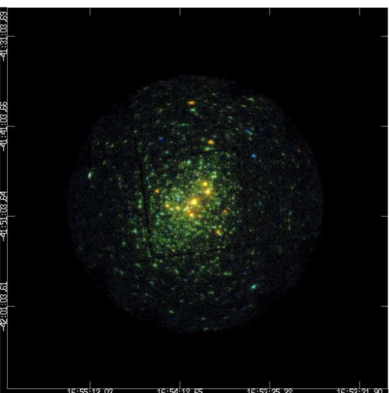 Fig. 1. Combined EPIC MOS three-color X-ray image of the young open cluster NGC 6231. The field is roughly 30 ′ in diameter and is centered on HD 152248