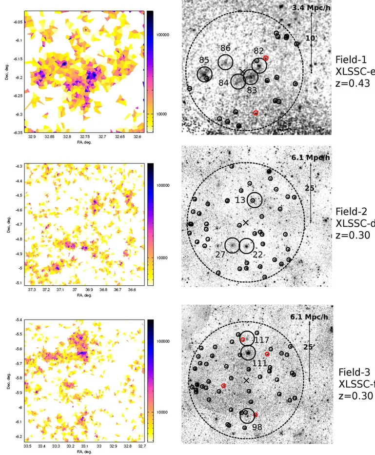 Fig. 2. Voronoi tessellations (VT) and X-ray images of the three superclusters (XLSSC-e: top, XLSSC-d: middle, XLSSC-f: bottom).