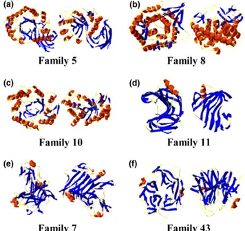 Fig. 3. Representative structures of enzymes from various glycoside hydrolase families