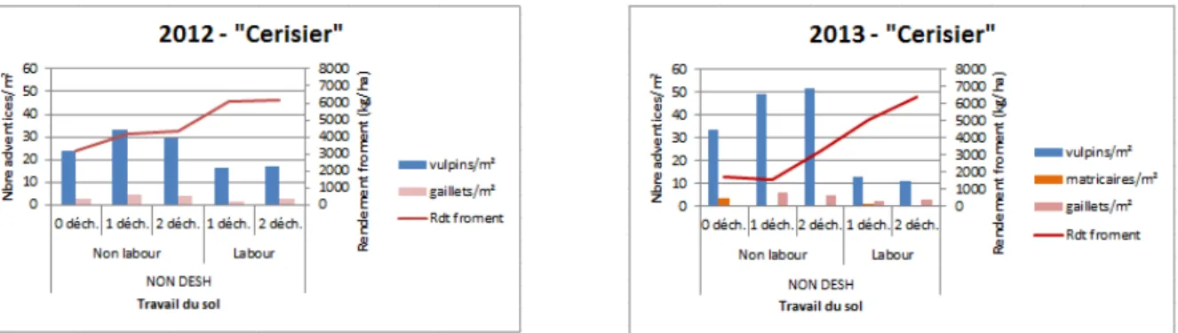 Figure 3.2 – Nombre d’adventices par m² et rendement du froment (en kg/ha) en fonction des modalités de  travail du sol au cours des saisons 2011-2012 et 2012-2013 sur le site « Cerisier » à Les Isnes