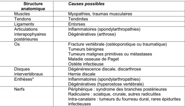 Tableau 3 : Structures anatomiques pouvant être responsables de lombalgies. 