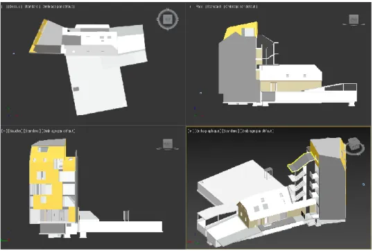 Figure 4: Multiple viewports of a 3D building (up, front, left and at 45°)  provided by Autodesk® and visualized through Autodesk® 3ds Max 