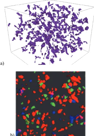 Fig. 13. a) 3D rendering of tortuous zinc particles (100  µm thick) imaged with a desktop system after  dis-persion in a fine PVC powder
