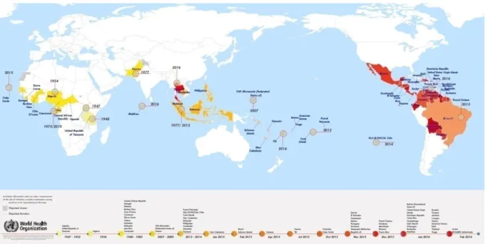 Figure 1: Distribution mondiale du ZIKV 1947-2016. OMS, 2016 
