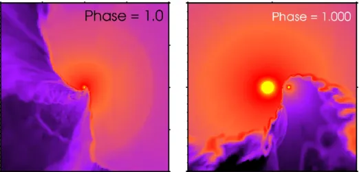Figure 1: Snapshots of the gas density in the orbital (x − y) plane from the radiatively-driven winds simulation of η Car at φ = 1.0