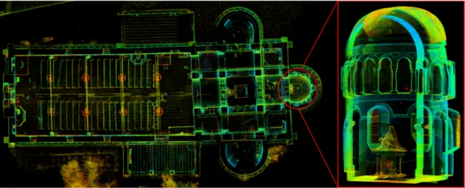 Figure 3. Point cloud of the church of Germigny-des-Prés. Top View (left) and zone of interest (right)