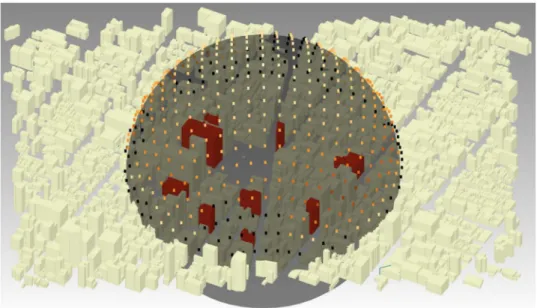 Figure 6. A visibility sphere. Viewpoints in black do not allow an overview of all objects of interest (red buildings)