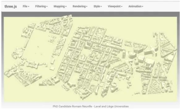 Figure 8 illustrates the web application with the virtual 3D LOD2 city model of Brussels (provided by the Brussels Regional Informatics Centre)