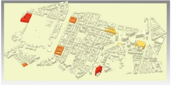 Figure 9. A virtual 3D LOD2 city model of the European Quarter (Brussels). The subway and railway stations are colored from yellow to red, respectively for small to large areas of influence.